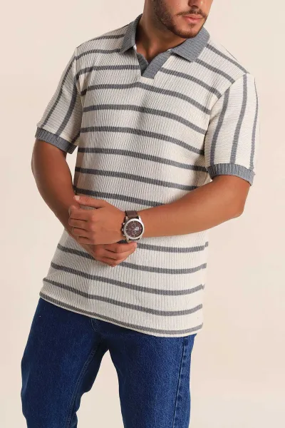 Ekru Gri Çizgili Regular Fit Polo Yaka Erkek Triko Tişört 262593