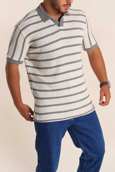 Ekru Gri Çizgili Regular Fit Polo Yaka Erkek Triko Tişört 262593