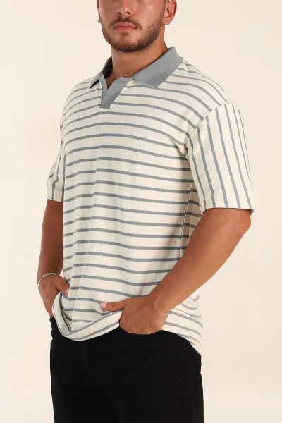 Ekru Gri Çizgili Relaxed Fit Polo Yaka Erkek Triko Tişört 269191