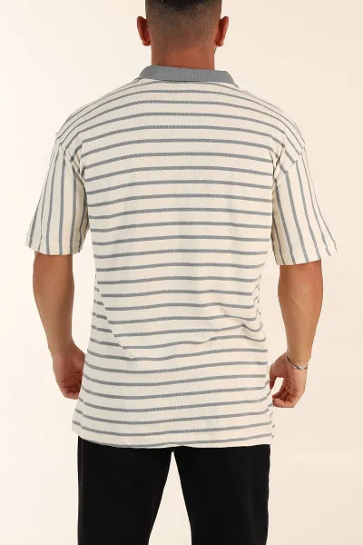 Ekru Gri Çizgili Relaxed Fit Polo Yaka Erkek Triko Tişört 269191