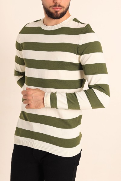 Ekru Haki Regular Fit Çizgili Triko Kazak 213879