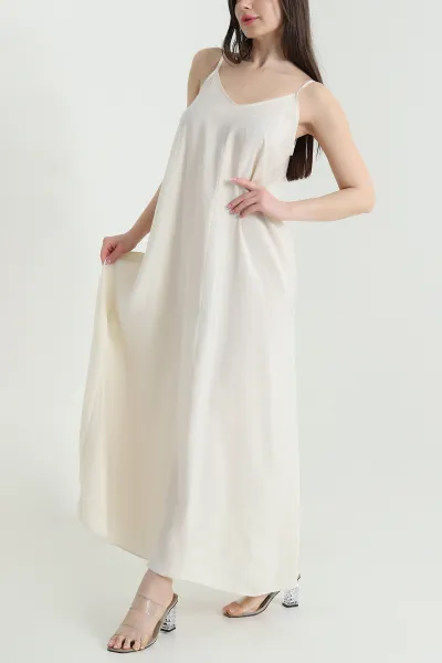 Ekru İp Askılı Tencel Kadın Elbise 451194