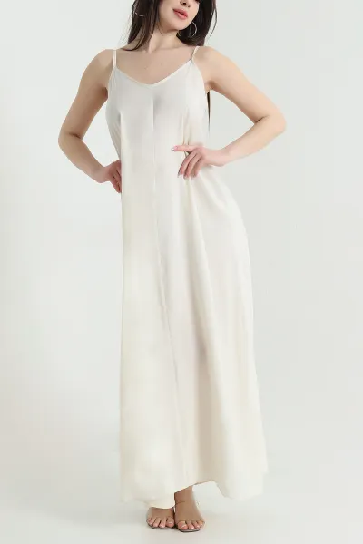 Ekru İp Askılı Tencel Kadın Elbise 451194