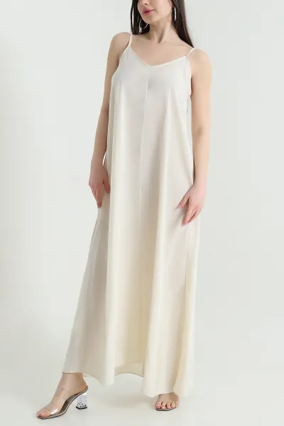 Ekru İp Askılı Tencel Kadın Elbise 451194
