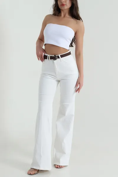 Ekru İspanyol Paça Kemerli Kadın Kot Pantolon 459364
