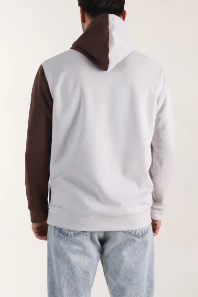 Ekru Kahverengi Kapüşonlu Yazı Detaylı Cepli Erkek Sweatshirt 413640