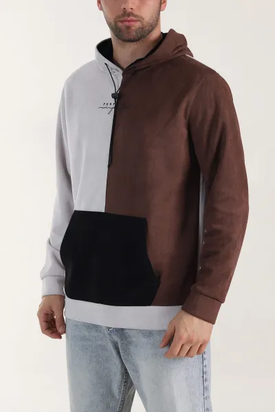 Ekru Kahverengi Kapüşonlu Yazı Detaylı Cepli Erkek Sweatshirt 413640