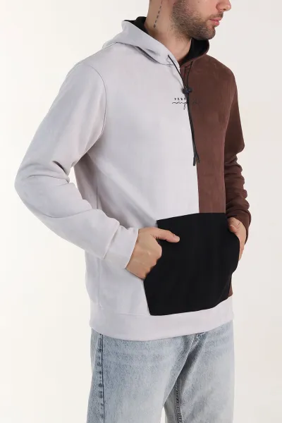 Ekru Kahverengi Kapüşonlu Yazı Detaylı Cepli Erkek Sweatshirt 413640