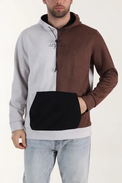 Ekru Kahverengi Kapüşonlu Yazı Detaylı Cepli Erkek Sweatshirt 413640