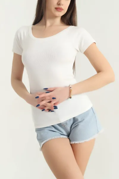 Ekru Kayık Yaka Ribana Kadın Bluz 344694