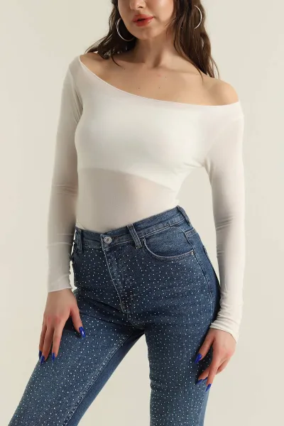 Ekru Kayık Yaka Transparan Bluz 424955
