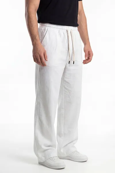 Ekru Keten Baggy Belden Bağlamalı Erkek Pantolon 442758