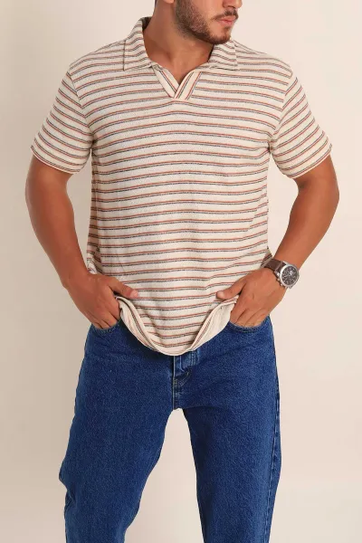Ekru Kiremit Çizgili Regular Fit Polo Yaka Erkek Tişört 262718