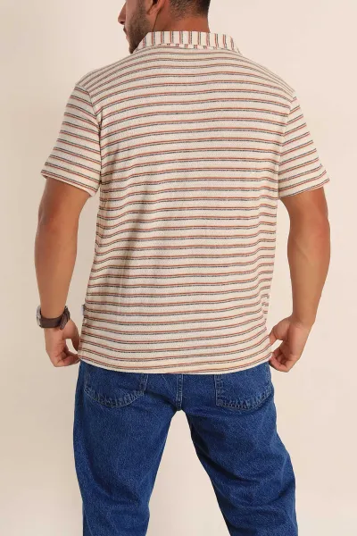 Ekru Kiremit Çizgili Regular Fit Polo Yaka Erkek Tişört 262718