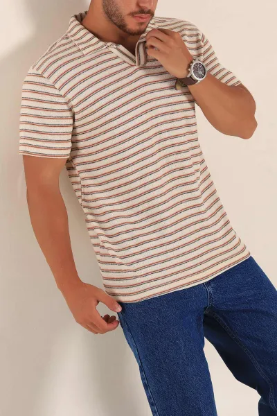 Ekru Kiremit Çizgili Regular Fit Polo Yaka Erkek Tişört 262718