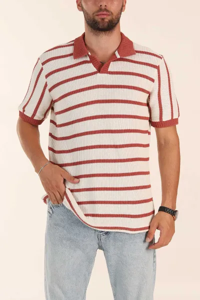 Ekru Kiremit Çizgili Regular Fit Polo Yaka Erkek Triko Tişört 262595