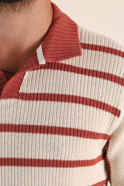 Ekru Kiremit Çizgili Regular Fit Polo Yaka Erkek Triko Tişört 262595