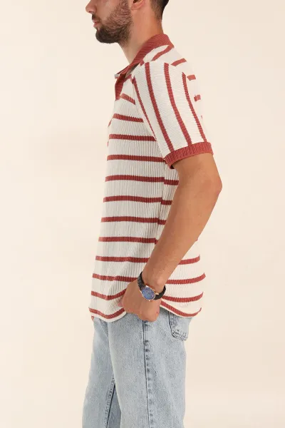 Ekru Kiremit Çizgili Regular Fit Polo Yaka Erkek Triko Tişört 262595