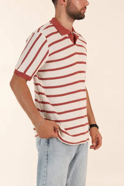Ekru Kiremit Çizgili Regular Fit Polo Yaka Erkek Triko Tişört 262595