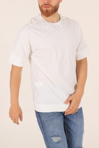 Ekru Kolları Lastikli Oversize Erkek Tişört 172423