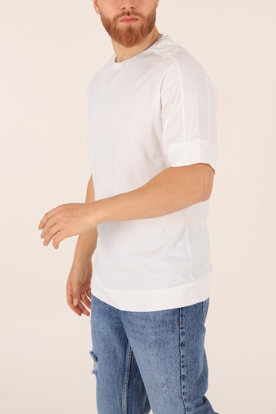 Ekru Kolları Lastikli Oversize Erkek Tişört 172423