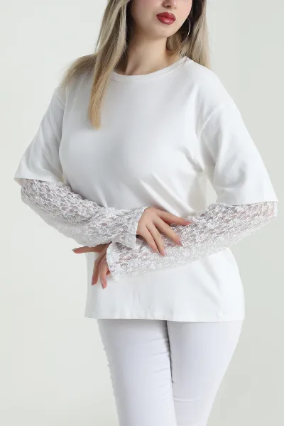 Ekru Kolu Dantelli Kadın Bluz 489599