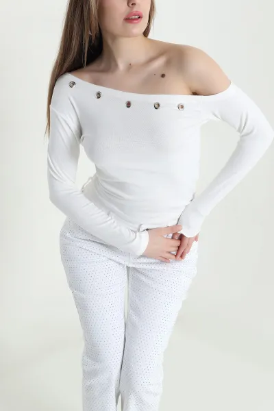 Ekru Kuş Gözü Detay Buzzy Kadın Bluz 443616