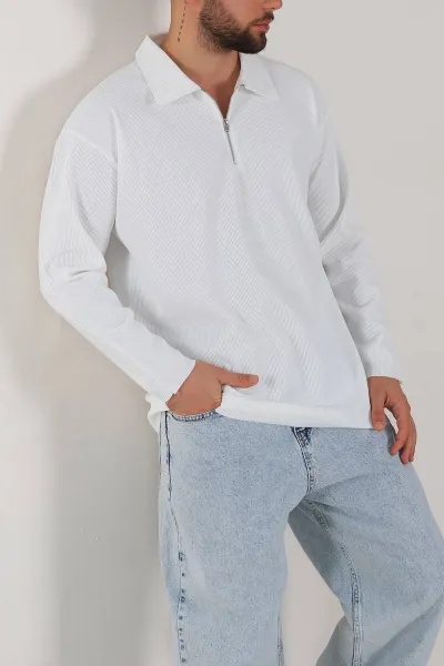 Ekru Oversize Fitilli Doku Fermuarlı Polo Yaka Sweatshirt 324401