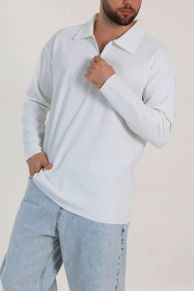 Ekru Oversize Fitilli Doku Fermuarlı Polo Yaka Sweatshirt 324401