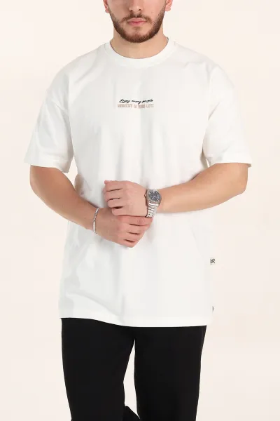 Ekru Oversize Kabartma Yazı Detaylı Erkek Tişört 358097