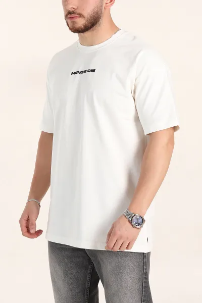 Ekru Oversize Kabartma Yazı Detaylı Erkek Tişört 358195
