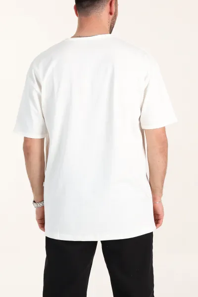Ekru Oversize Kabartma Yazılı Yırtık Yaka Detaylı Erkek Tişört 358012