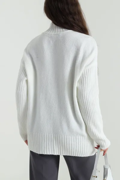 Ekru Oversize Kadın Triko Kazak 496030
