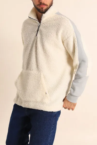 Ekru Oversize Kol Detaylı Kanguru Cepli Yarım Fermuar Peluş Sweatshirt 233949