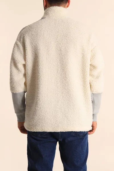 Ekru Oversize Kol Detaylı Kanguru Cepli Yarım Fermuar Peluş Sweatshirt 233949