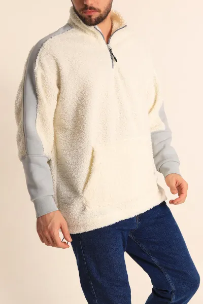 ekru-oversize-kol-detayli-kanguru-cepli-yarim-fermuar-pelus-sweatshirt-233949