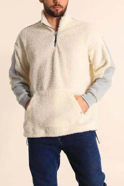 Ekru Oversize Kol Detaylı Kanguru Cepli Yarım Fermuar Peluş Sweatshirt 233949