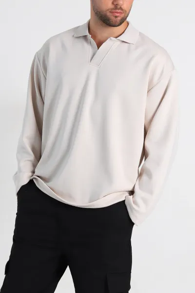 ekru-oversize-polo-yaka-erkek-sweatshirt-306971
