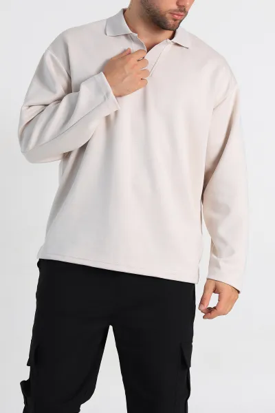 Ekru Oversize Polo Yaka Erkek Sweatshirt 306971