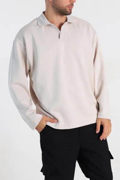 Ekru Oversize Polo Yaka Erkek Sweatshirt 306971