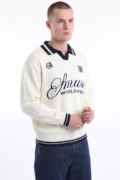 Ekru Oversize Yazı Detaylı Polo Yaka Erkek Triko Kazak 491836