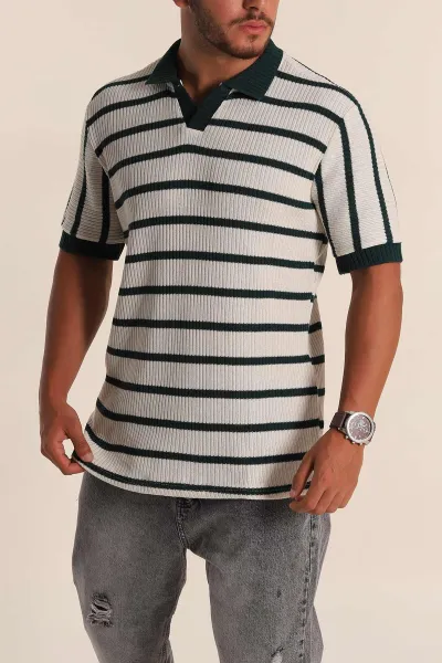 Ekru Petrol Çizgili Regular Fit Polo Yaka Erkek Triko Tişört 262596