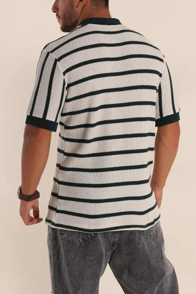 Ekru Petrol Çizgili Regular Fit Polo Yaka Erkek Triko Tişört 262596