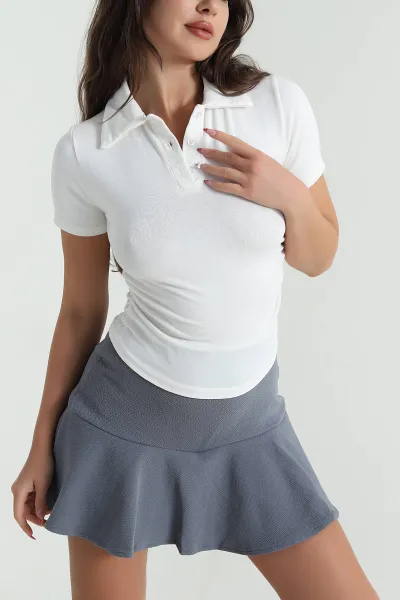 Ekru Polo Yaka Büzgülü Viskon Kadın Bluz 473794