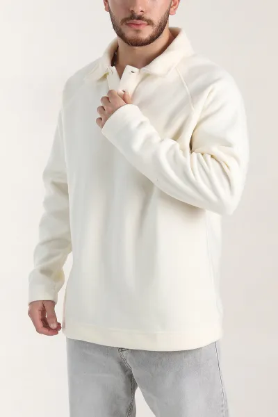 Ekru Polo Yaka Düğmeli Uzun Kollu Polar Kumaş Erkek Sweatshirt 404284