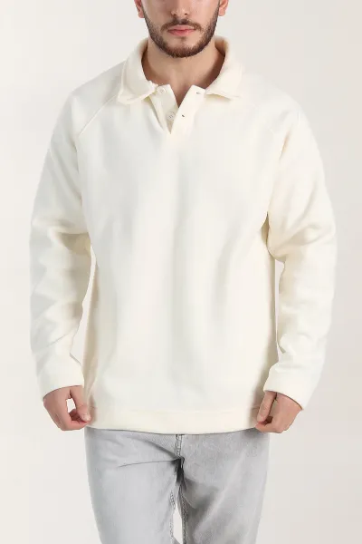 Ekru Polo Yaka Düğmeli Uzun Kollu Polar Kumaş Erkek Sweatshirt 404284