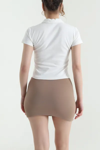 Ekru Polo Yaka Ribana Kadın Bluz 446623