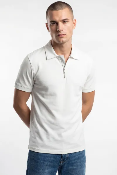 Ekru Polo Yaka Yarım Fermuarlı Erkek Tişört 435363