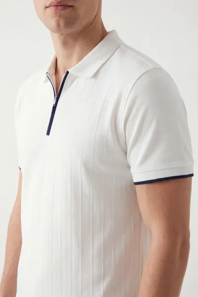 Ekru Polo Yaka Yarım Fermuarlı Erkek Tişört 435368