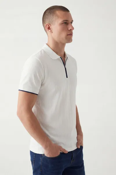 Ekru Polo Yaka Yarım Fermuarlı Erkek Tişört 435368